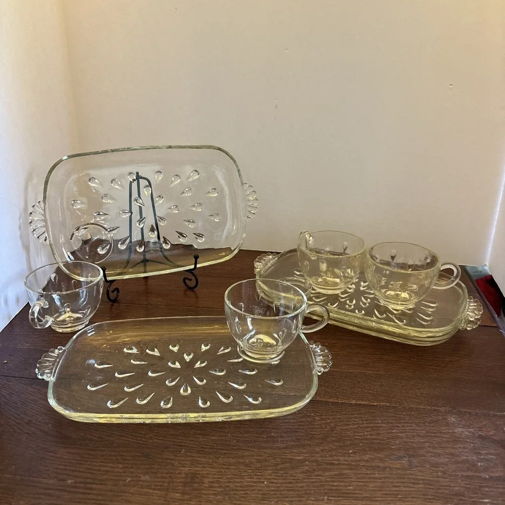 Vtg Hazel Atlas Glass Snack Plates & Cups Mid‎ Century Modern Raindrop Set Of 4